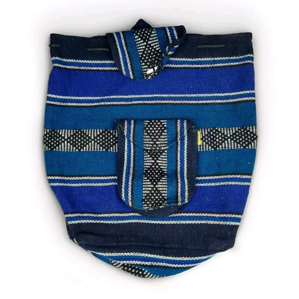 Pinzon Mexico Backpack Woven Blue Multicolor Boho Bag Hippie Drawstring Colorful